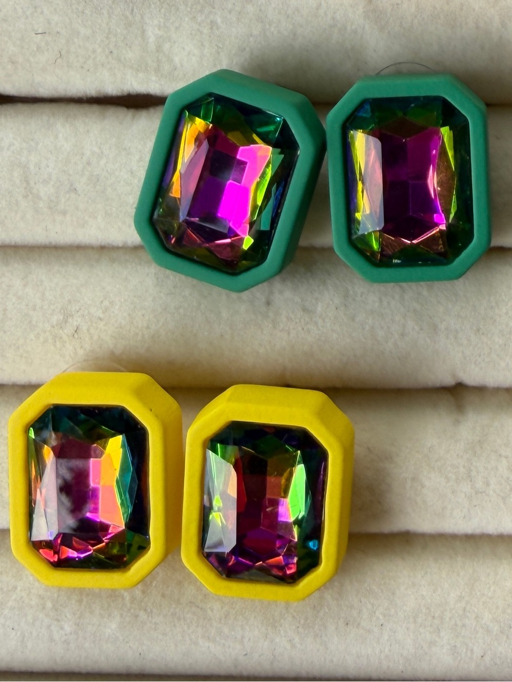 Colorful Multicolor Bezel Gemstone Stud Earrings - Green & Yellow